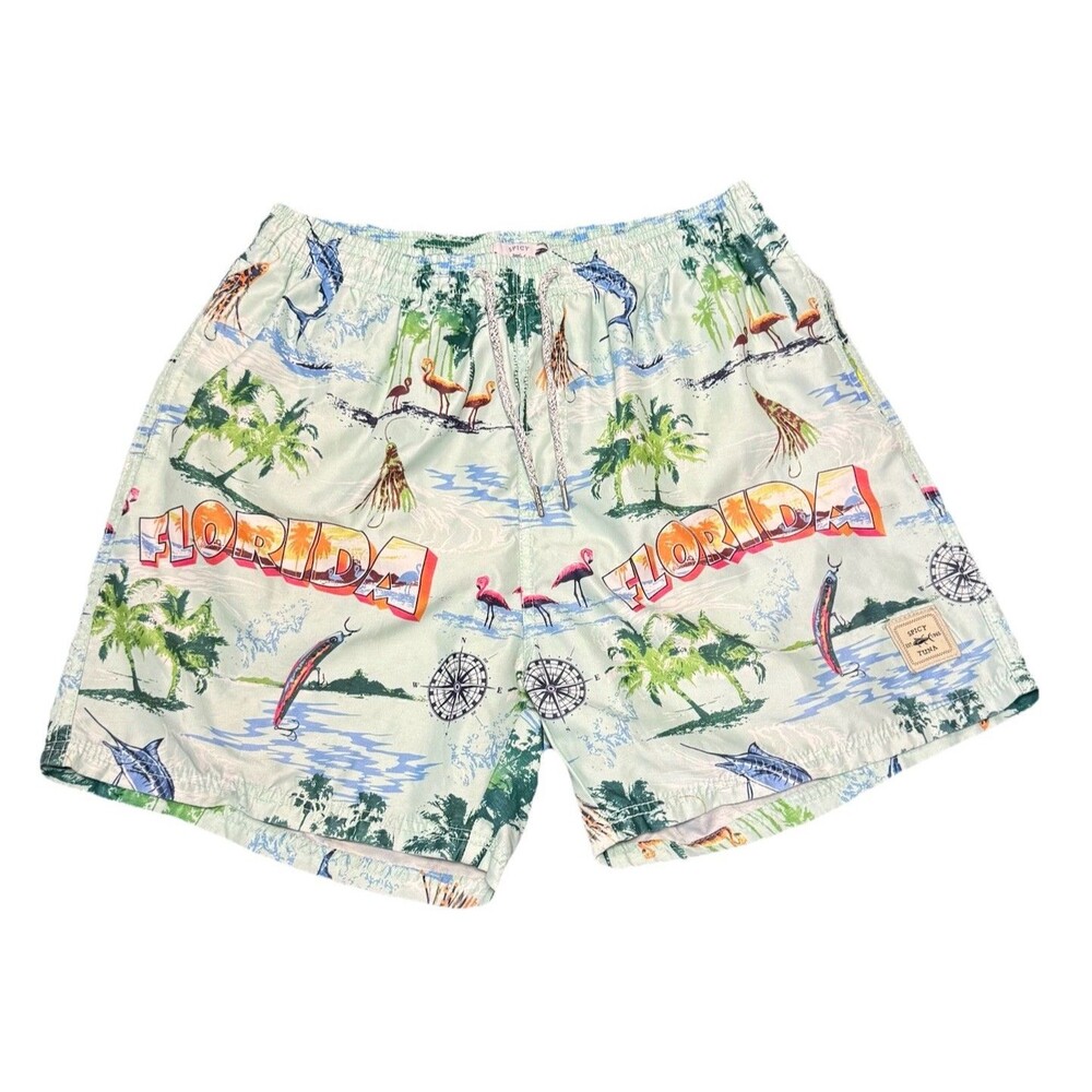 Spicy Tuna Florida Print Swim Trunks Shorts XL Palm Trees Compass